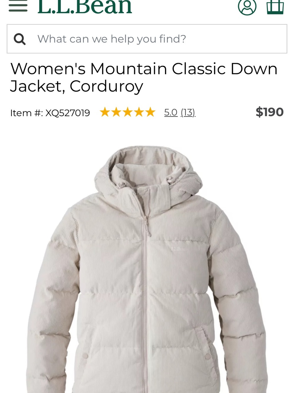 L.L. Bean Women’s Mountain Classic Down Cream Corduroy Puffer Jacket